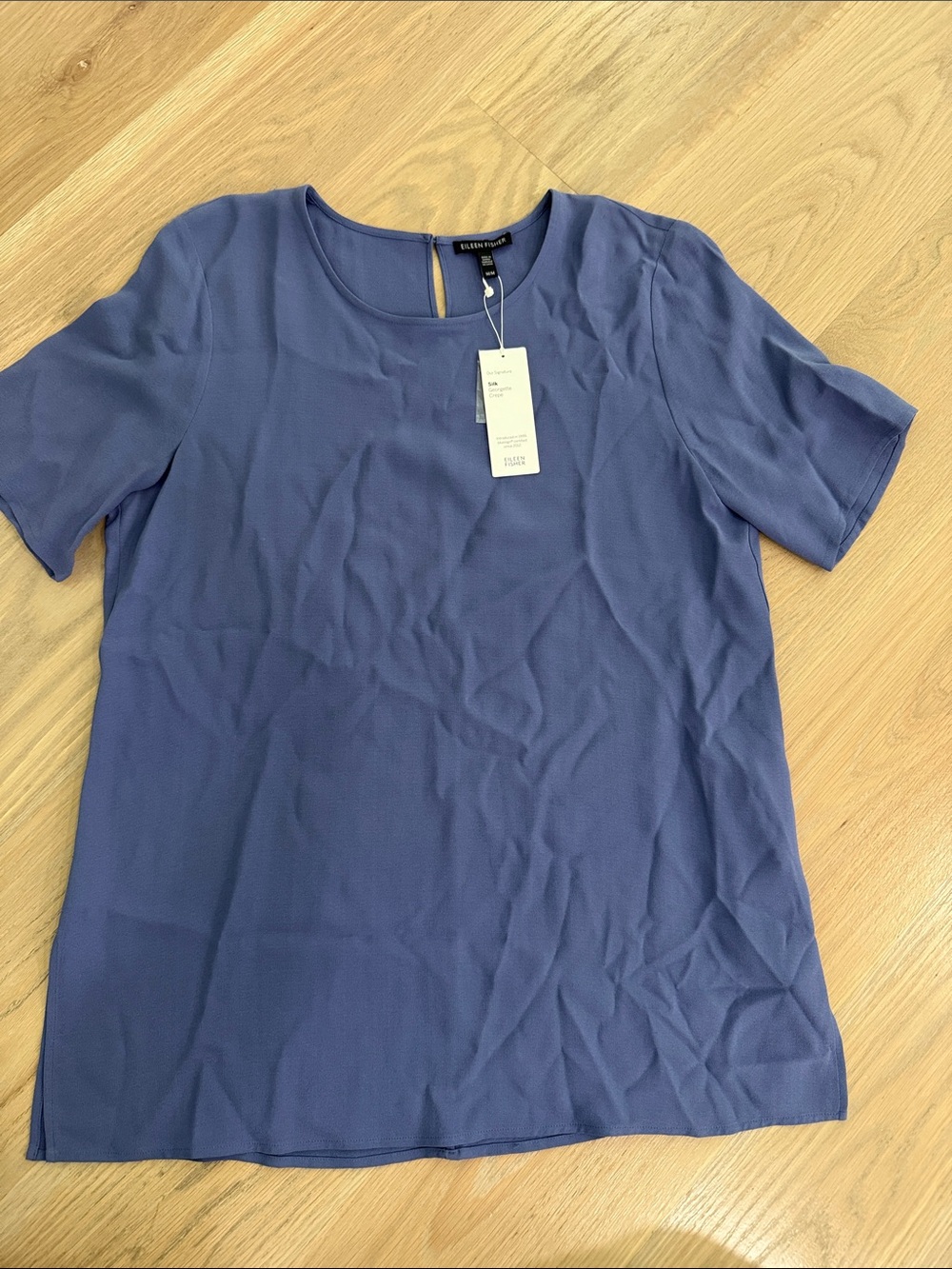 NWT Eileen Fisher Silk Georgette Crepe Round Neck Short Sleeve Box Top Medium